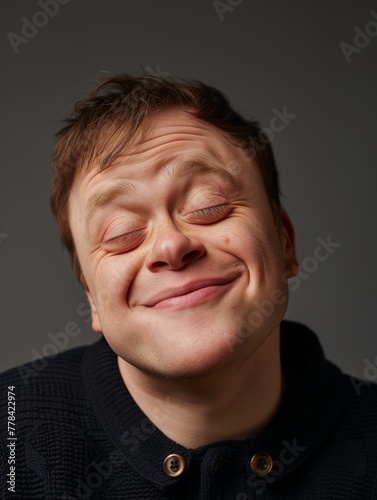 Funny portrait of a young man with amusing face, cool smile but a bit stupid, dumb expression, disabled retarded guy, person with mental health condition, rare disorder or syndrome, neurodivergent