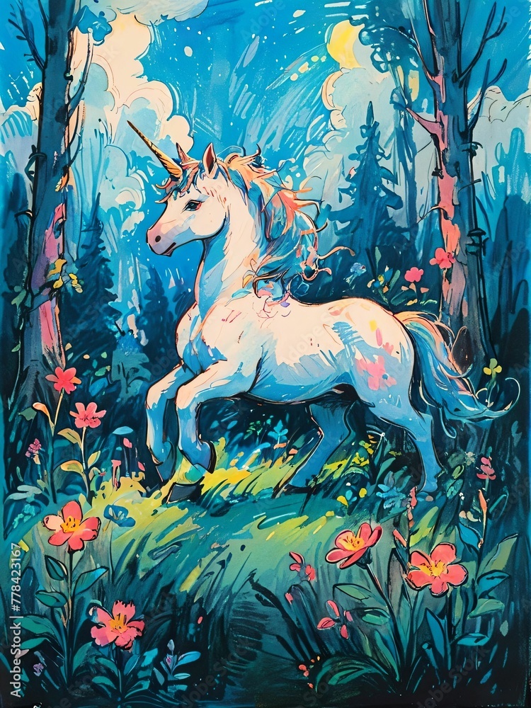 Unicorn in Fantasy World Illustration Unicorn in Fantasy World Illustration