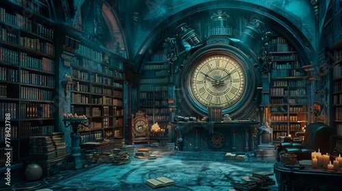 Mystical Librarian Cataloging Lost Time in Ancient Library. photo
