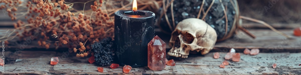 magic candle with a skull and dried flowers.