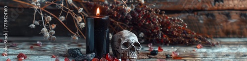 magic candle with a skull and dried flowers.