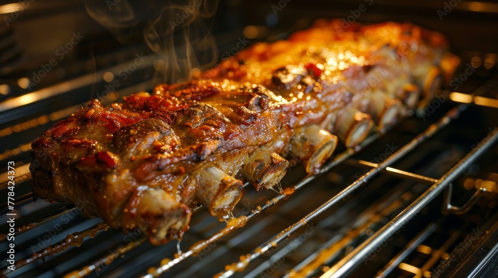 Close up of pork ribs being grilled on a barbecue grill with smoke