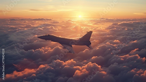 Sunlit fighter plane in flight above a sea of clouds