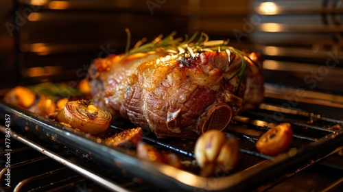 Roast lamb with rosemary and onion on a baking tray