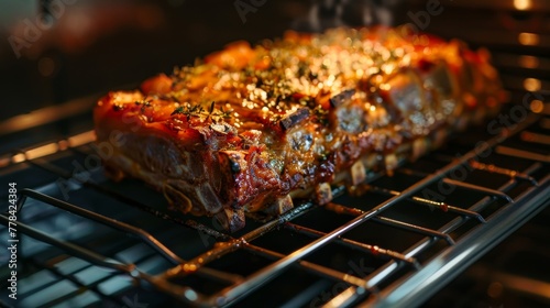 Succulent roasted meatloaf garnished with herbs on a grill in an oven photo
