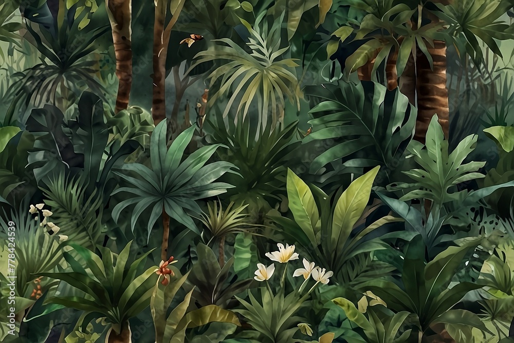 Fototapeta premium Beauty of nature. Watercolor pattern wallpaper. Painting of a jungle landscape in retro style.