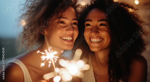 Friends Celebrating with Sparklers at Sunset.