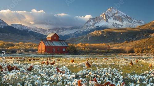 Barn in Flower Field With Mountain Background