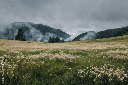 Misty mountains peek through clouds in a scenic summer landscape
