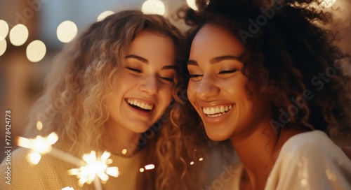 Two girls holding sparklers with each other smiling