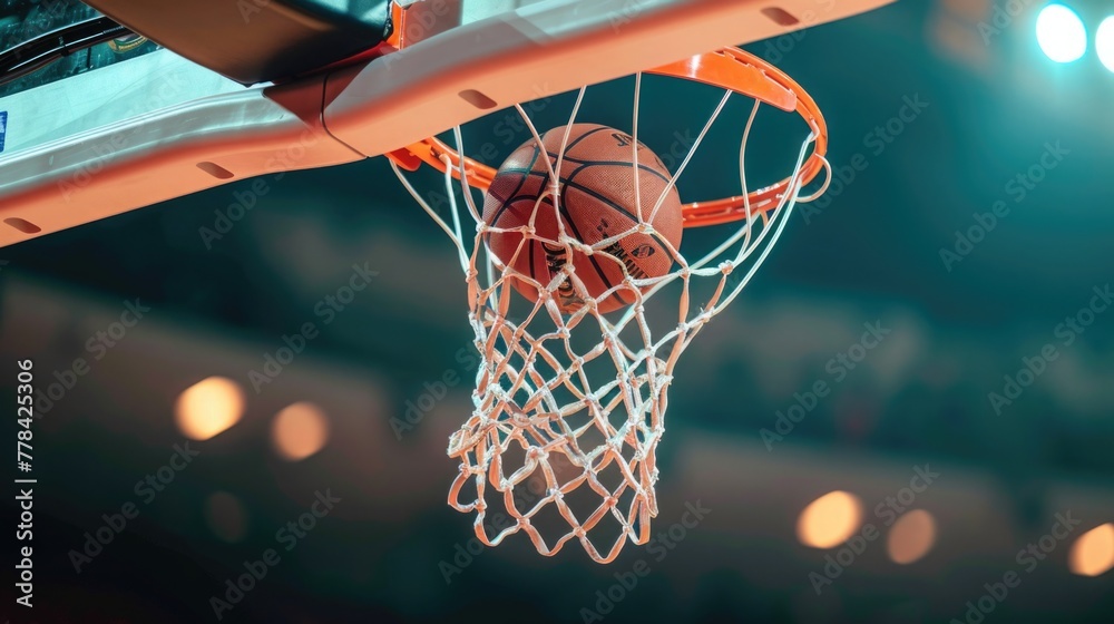 A basketball frozen in time as it swishes through the net, the court lights casting dynamic shadows, highlighting the climax of scoring in basketball