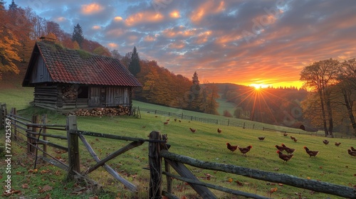 Barn in Flower Field With Mountain Background