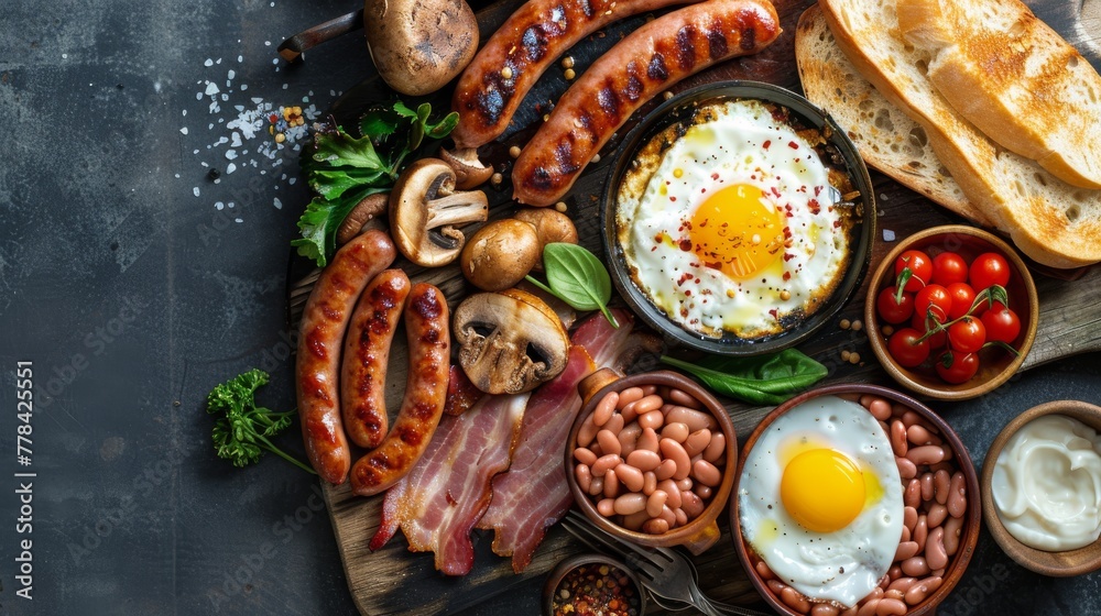 Classic Breakfast Plate With Sausages, Beans, Tomatoes, Toast, and Eggs