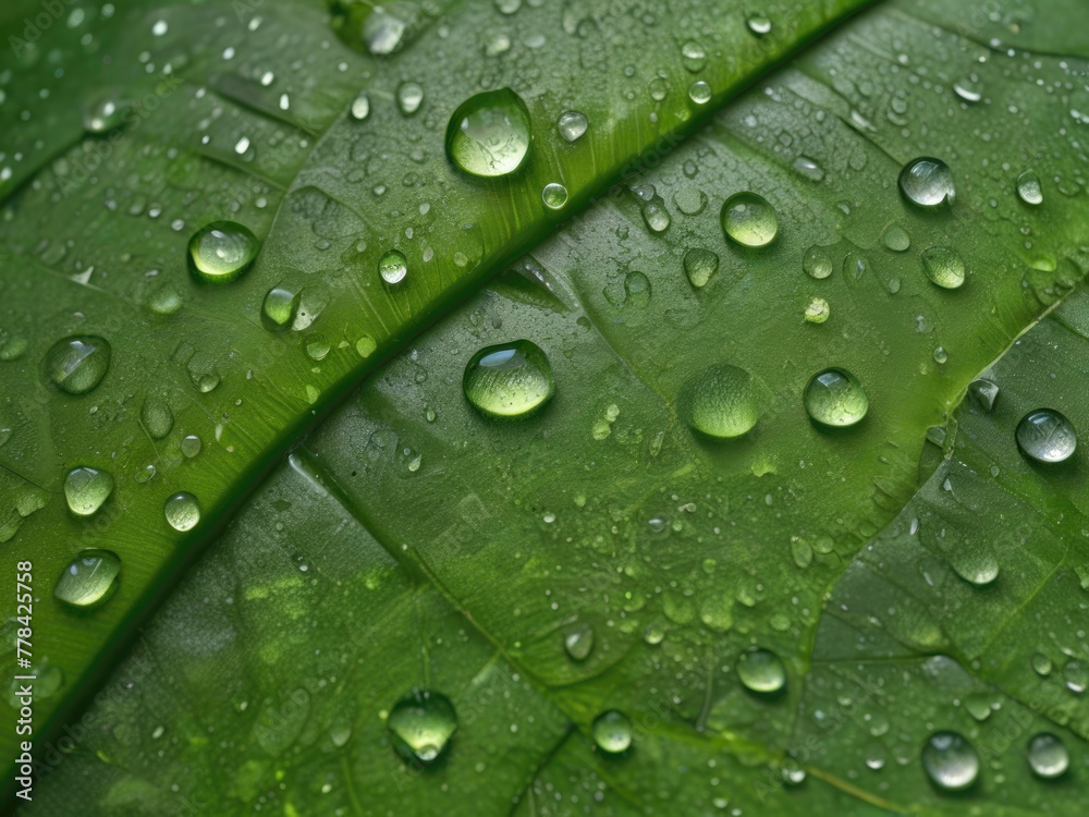 Fototapeta premium Close-up of a Green Plant Leaf After Rain, Adorned with Fresh Raindrops and Capturing the Essence of Nature's Refreshing Beauty