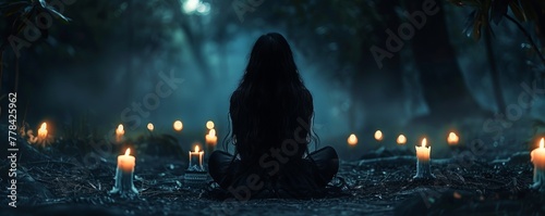 witch with a wreath sits on the ground with candles.