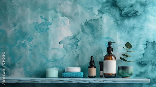 Minimalistic Skincare Products on Gentle Blue Watercolor Textured Shelf.