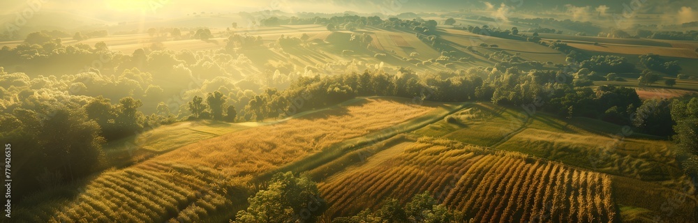 panoramic view of fields and hills rural scenery at sunrise 