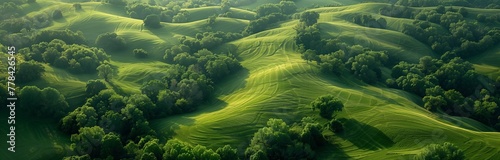 beautiful arial view of agricultural rural green landscape at the sunrise