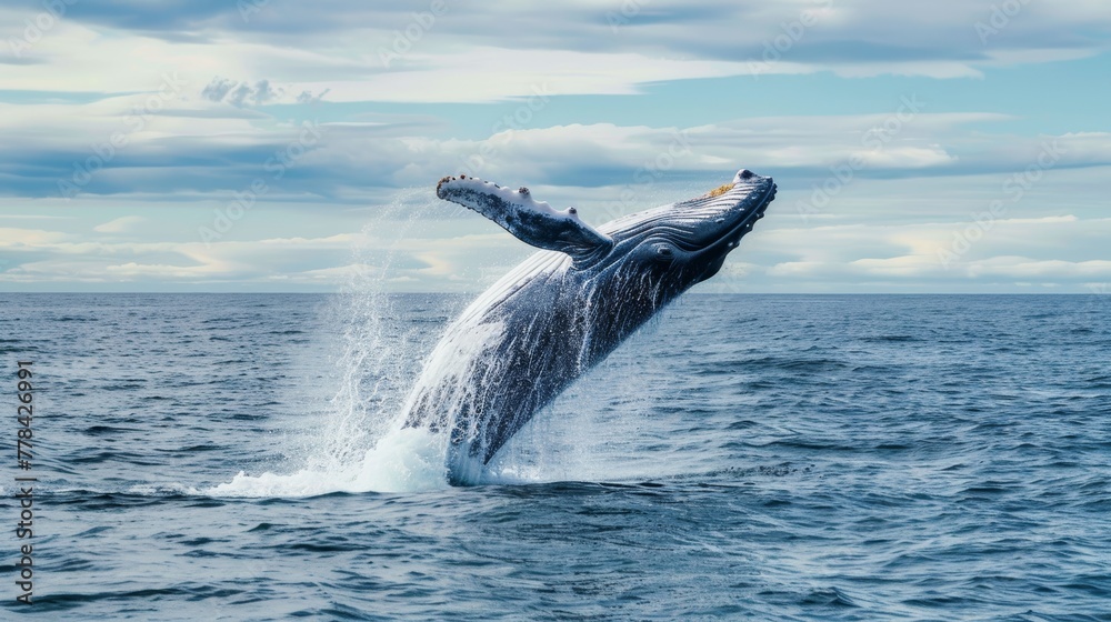 Obraz premium Photo of a whale jumping out of the water in the middle of the ocean in an iceberg zone. The background image gives a feeling of grandeur.