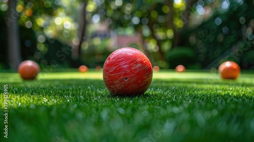 A bocce ball making the critical hit, with the other balls and the pallino in a strategic blur in the background, capturing the tension and finesse of bocce photo