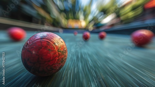 A bocce ball making the critical hit, with the other balls and the pallino in a strategic blur in the background, capturing the tension and finesse of bocce