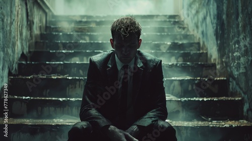 Businessman in Suit Sitting on Steps