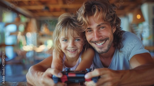 Man and Little Girl Playing Video Game
