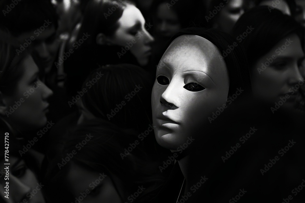 Person wearing a mask in a crowd, exploring the theme of deception and hidden identities. Person wearing a mask in a crowd, exploring the theme of deception and hidden identities.