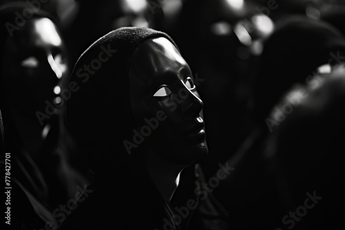 Person wearing a mask in a crowd, exploring the theme of deception and hidden identities.