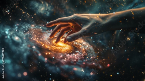 Hand emerging from a swirl of abstract galaxies, fingers gently clasping the swirling cosmic dust. The juxtaposition of the tangible hand against the vastness of the universe.