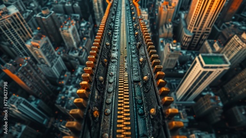 Macro view of a zipper seamlessly merging into a cityscape. The urban elements subtly blend with the zipper, blurring the boundaries between the artificial and the natural. photo