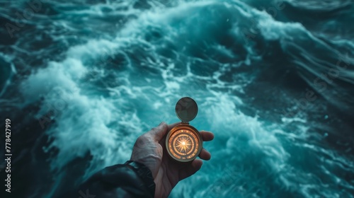 Person hand holding a compass in a stormy sea, emphasizing the significance of maintaining direction and staying on course to avoid getting lost in turbulent situations. Colors: Dramatic stormy blues.