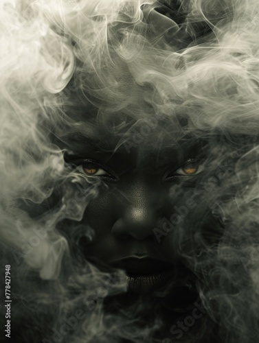 A confrontational portrait of a rebellious artist, their eyes ablaze with defiance, surrounded by swirling plumes of smoke. Dynamic lighting creates a chiaroscuro effect, emphasizing the contours.