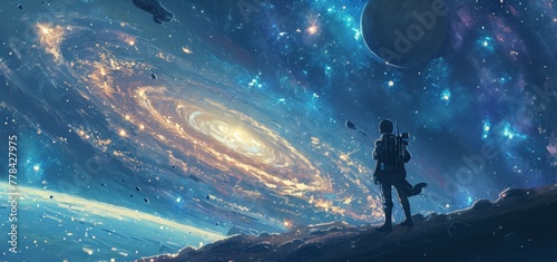 A cosmic gateway leading to different dimensions, featuring anime characters equipped with futuristic exploration gear. The surreal landscapes beyond the portal are a blend of surrealism.
