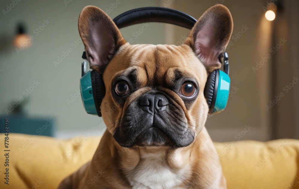 Fawn French Bulldog with headphones sits on yellow couch Fawn French Bulldog with headphones sits on yellow couch