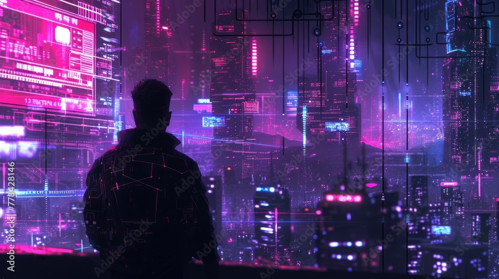 A cyberpunk masterpiece featuring neon-lit cityscapes and a hacker silhouette merging seamlessly with lines of code, creating an electrifying atmosphere.