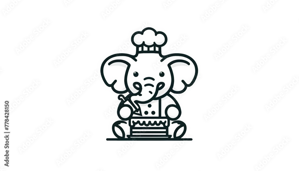 Elephant in chef's attire with a cake, black and white vector illustration. Elephant in chef's attire with a cake, black and white vector illustration.