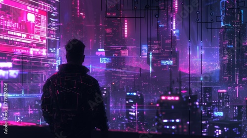 A cyberpunk masterpiece featuring neon-lit cityscapes and a hacker silhouette merging seamlessly with lines of code  creating an electrifying atmosphere.