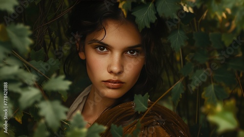 A dark-haired beauty with olive skin and brown eyes is framed by the dense foliage of the Black Forest. Her traditional German attire blends seamlessly with the earthy tones of the forest. photo
