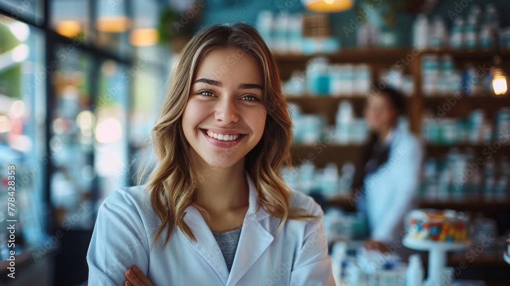 Smiling Woman in White Shirt at Store