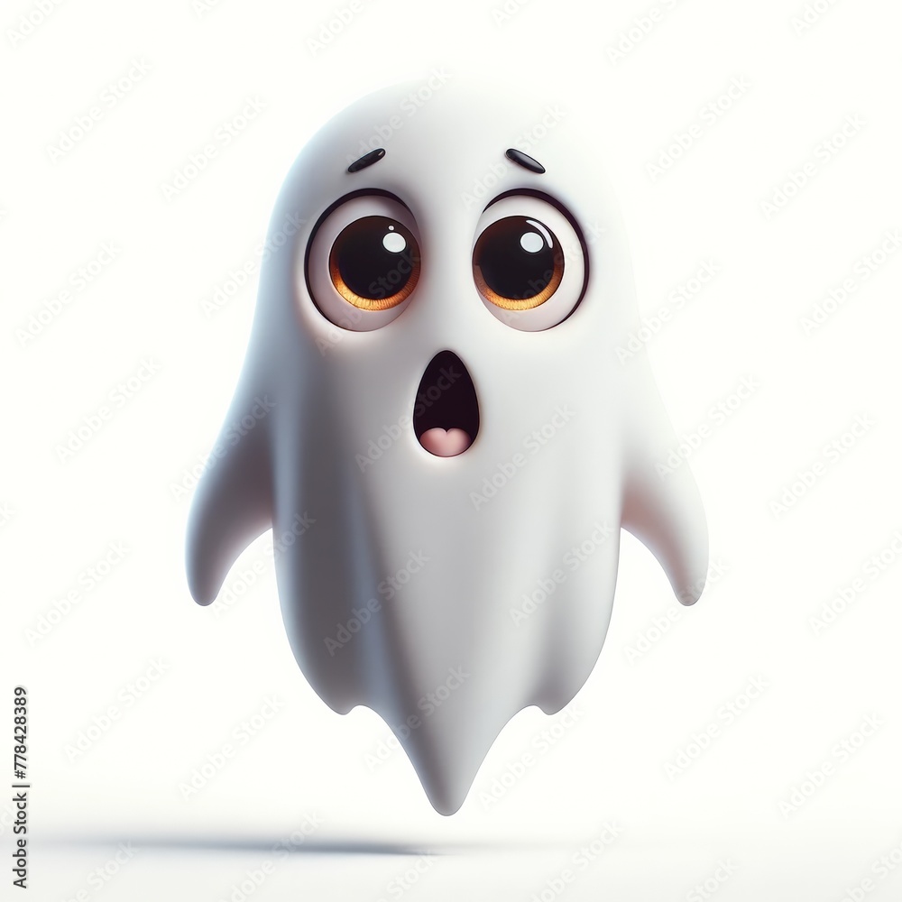 A delightful cartoon frightened ghost character with alarmed eyes, presented on a stark white background. A delightful cartoon frightened ghost character with alarmed eyes, presented on a stark white background.