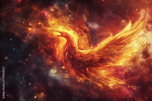 Phoenix rising from ashes against a cosmic backdrop. The mythical bird symbolizes rebirth and the opportunity to start afresh. The fiery feathers are intricately designed with warm tones. © Oskar Reschke