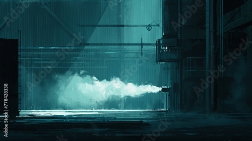 Narrow nozzle releasing a jet of steam against an industrial backdrop. The interplay of light and shadows adds depth to the scene, creating a sense of mystery and intrigue.