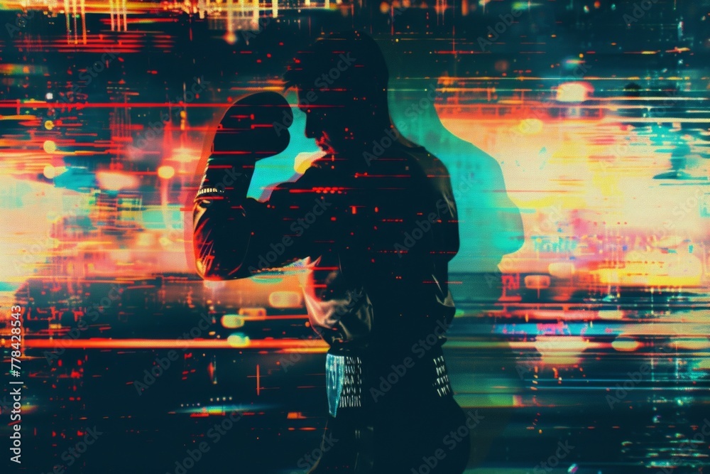 Vintage boxer's silhouette surrounded by distorted neon lights and ...
