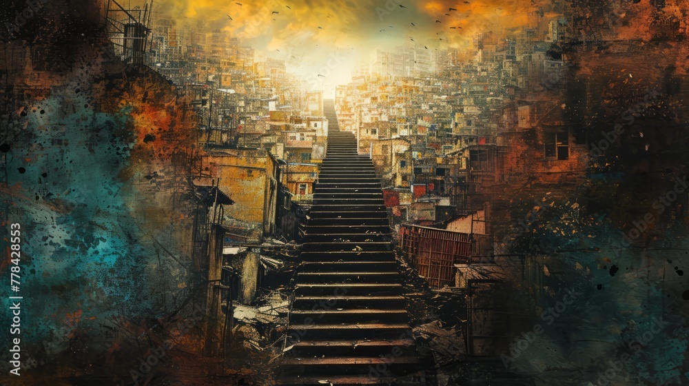 Staircase emerging from a crowded and dilapidated urban environment, leading towards a brighter, more prosperous cityscape. The contrasting light and dark tones create a visual metaphor for the upward - obrazy, fototapety, plakaty 