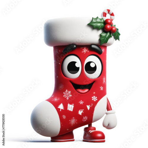 A delightful cartoon Christmas stocking character adorned with festive decorations, presented on a clean white background.