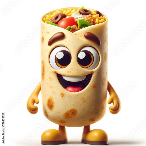 A delightful cartoon burrito character with a colorful filling, presented on a pristine white background.