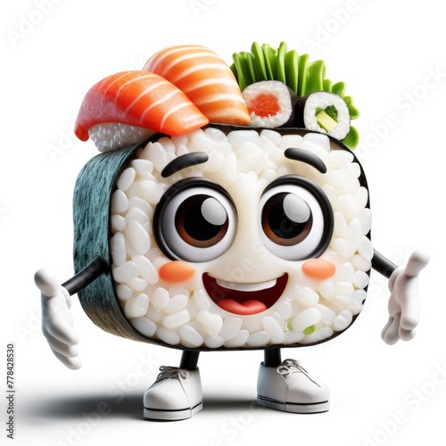 A delightful cartoon sushi character showcasing various sushi types, presented on a pristine white background.