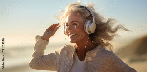 A woman over 50 dances on the beach wearing headphones, enjoying the moment