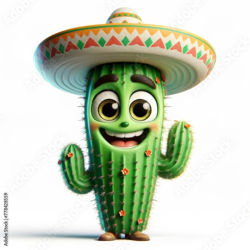 A delightful cartoon Mexican cactus character adorned with a sombrero, presented on a clean white background. 
